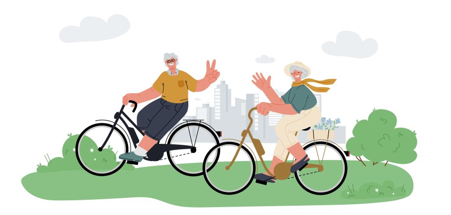Active grandfather, grandmother ride e-bike in parkrelax.Active outdoor seniors life.Summer activity.Vector illustration.