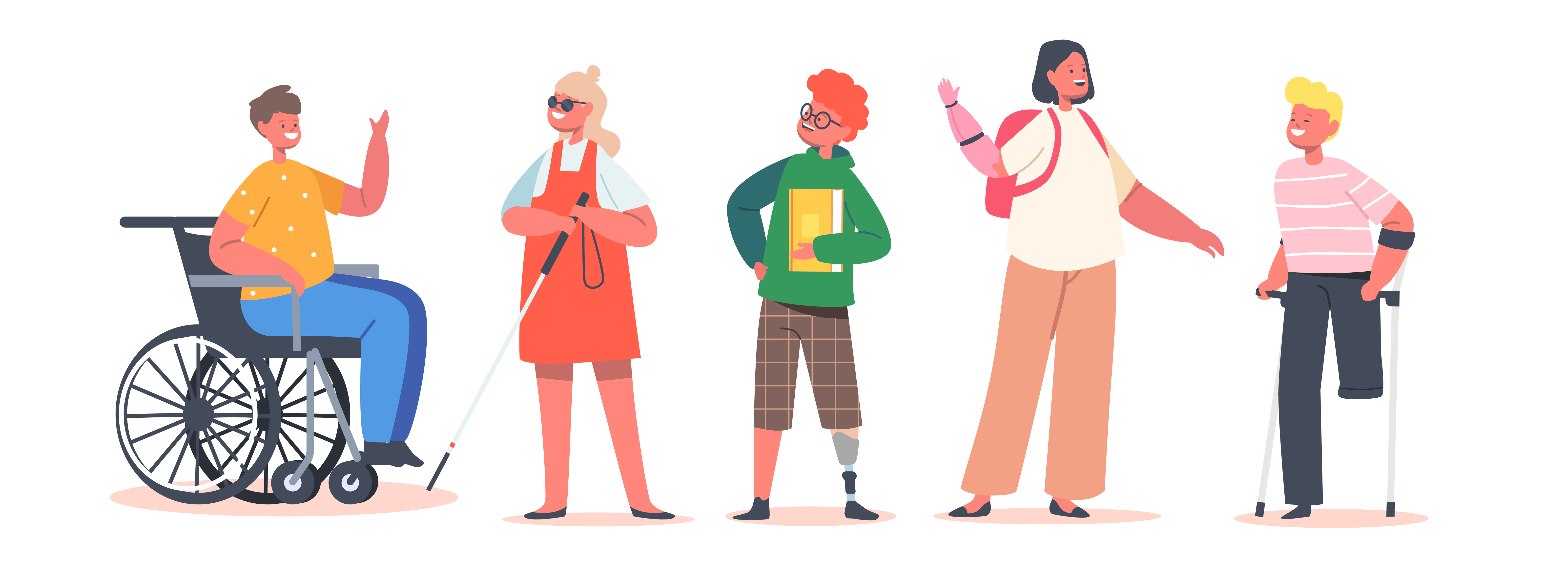 Kids Disability Concept. Disabled Children Characters on Wheelchair, Bionic Hand, Leg Prosthesis, Boy Use Crutches