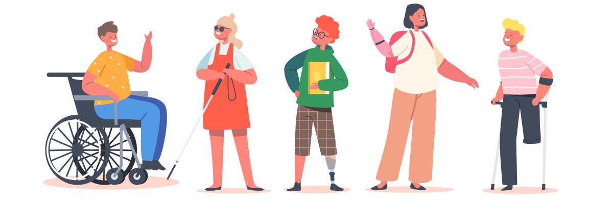 Kids Disability Concept. Disabled Children Characters on Wheelchair, Bionic Hand, Leg Prosthesis, Boy Use Crutches Kids Disability Concept. Disabled Children Characters on Wheelchair, Bionic Hand, Leg Prosthesis, Boy Use Crutches