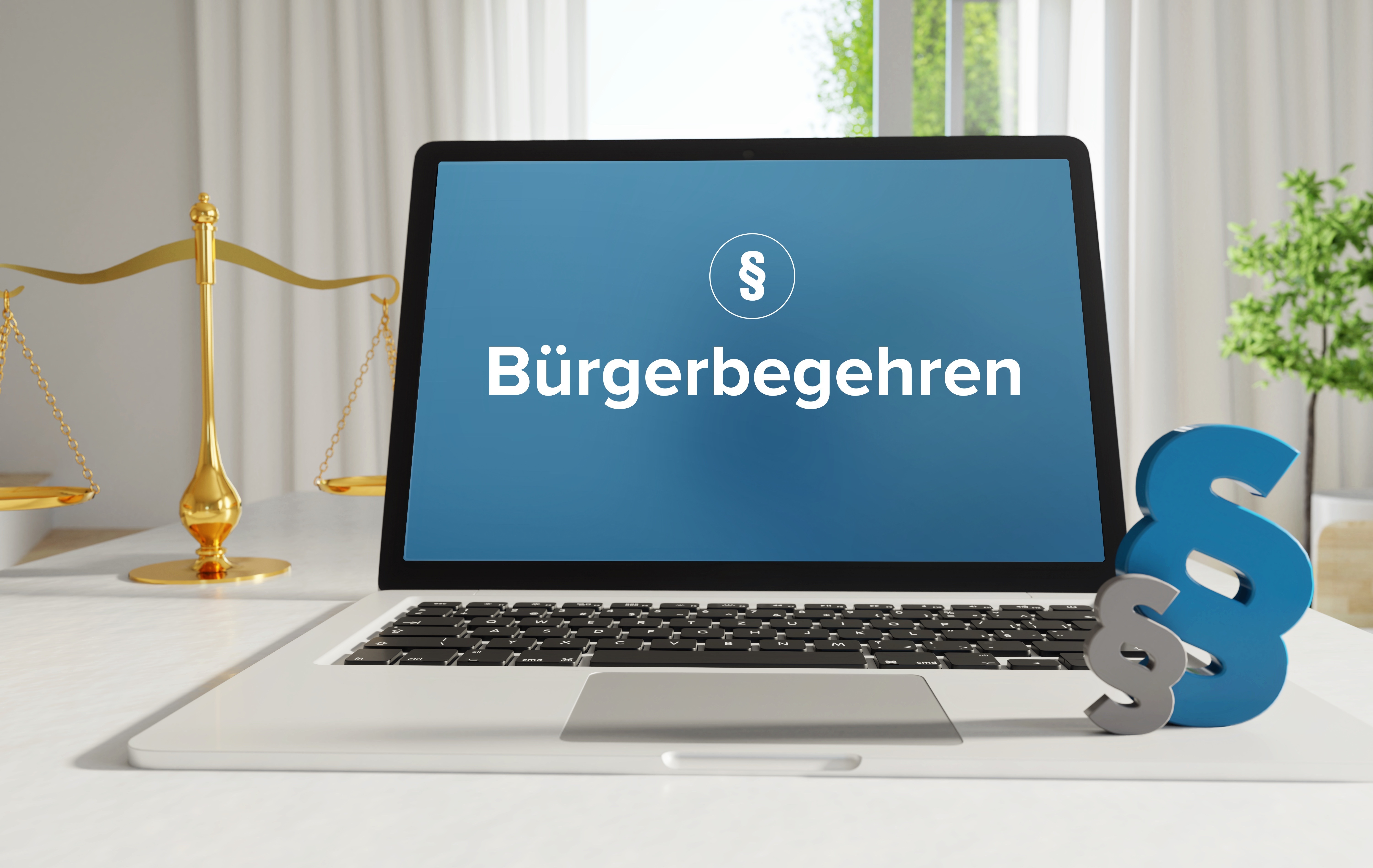 Bürgerbegehren – Recht, Gesetz, Internet. Laptop im Büro mit Begriff auf dem Monitor. Paragraf und Waage. Bürgerbegehren – Recht, Gesetz, Internet. Laptop im Büro mit Begriff auf dem Monitor. Paragraf und Waage.