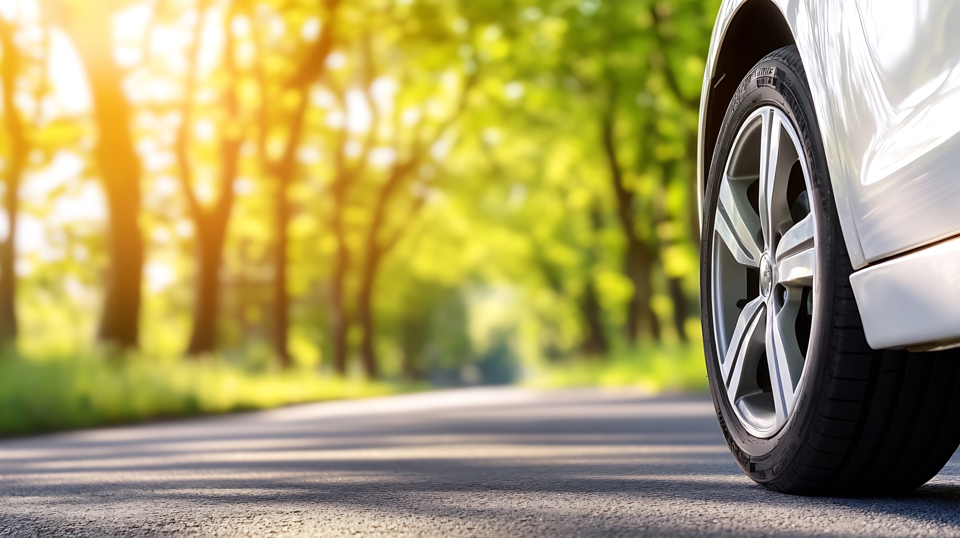 Close up of a car wheel on a serene country road with lush green trees and sunlight : Generative AI