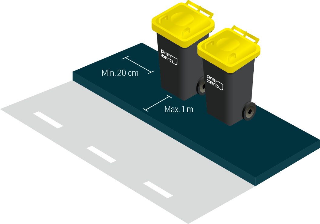Zwei Mülltonnen mit gelbem Deckel stehen an einer Straße