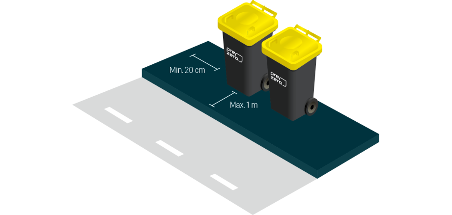Zwei Mülltonnen mit gelbem Deckel stehen an einer Straße