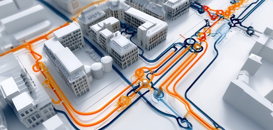 3D Illustration einer Stadt mit der Darstellung verbindender Fernwärmeleitungen