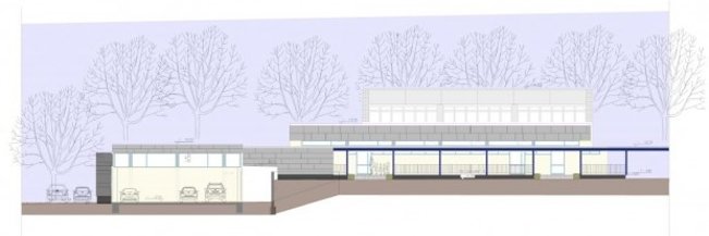 Technische Zeichnung einer Sporthalle mit Sicht auf den Eingang