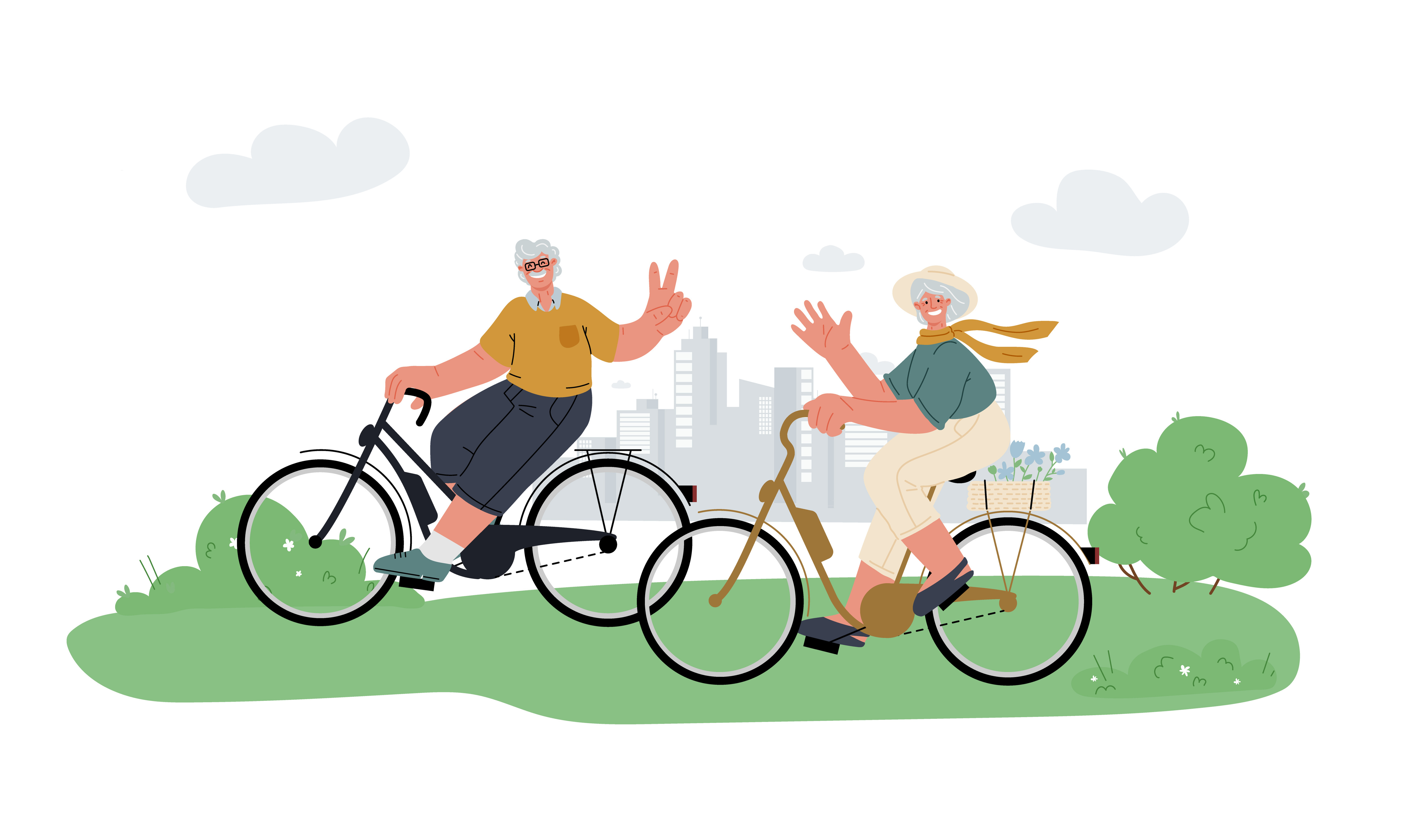 Active grandfather, grandmother ride e-bike in parkrelax.Active outdoor seniors life.Summer activity.Vector illustration.