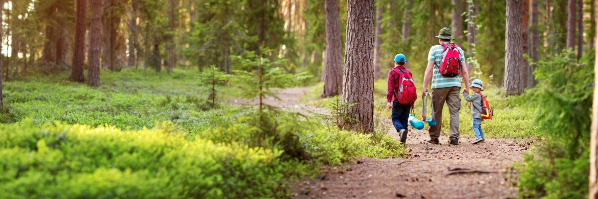 Father and boys going camping with tent in nature