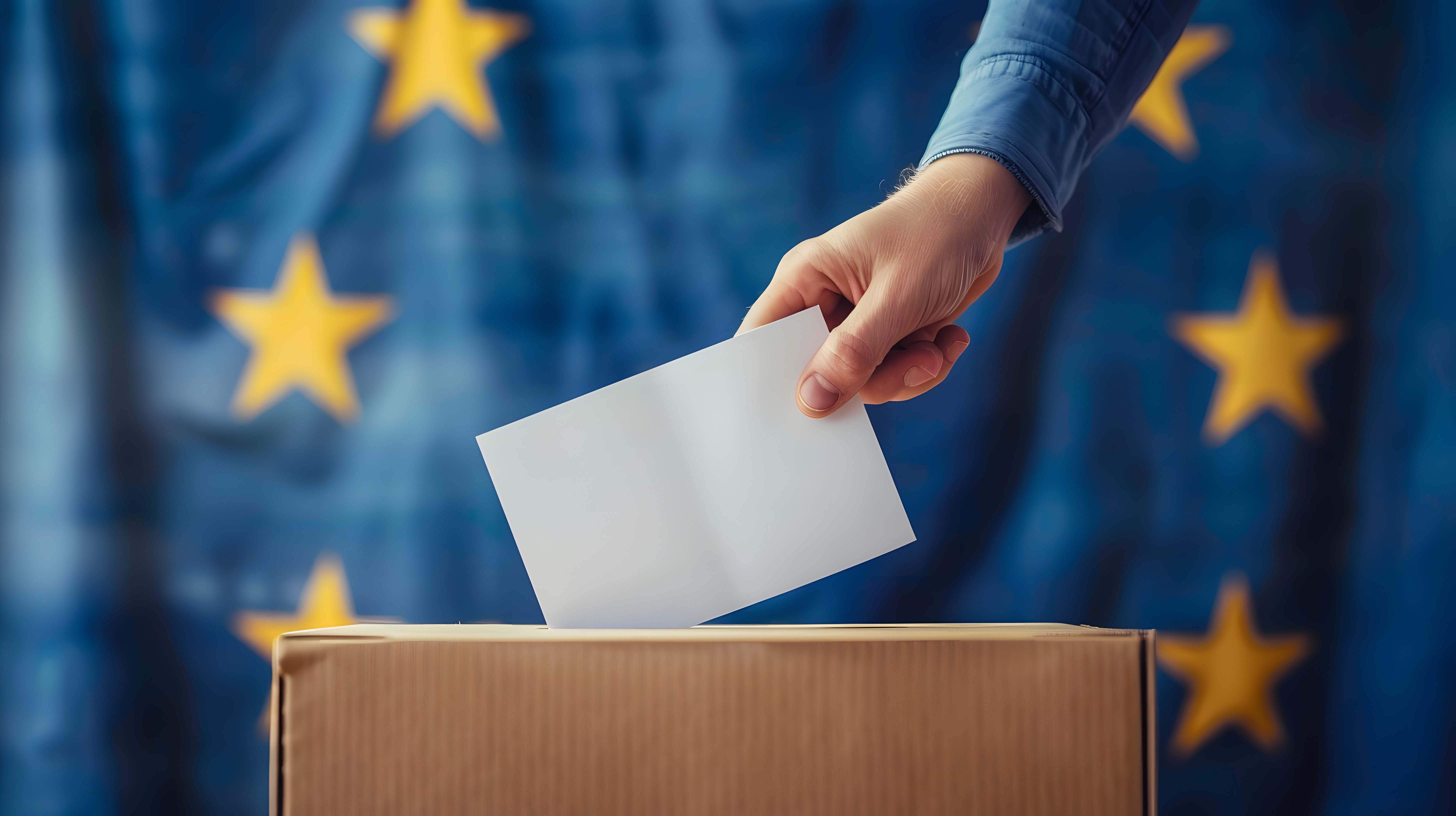Voting concept - Ballot box on the European Union flag background. Election in European Union. Woman putting her vote in the ballot box.
