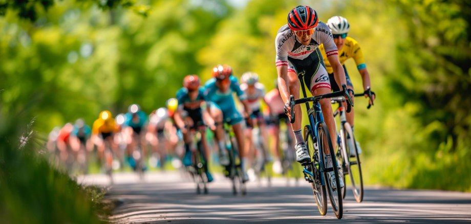 Cyclists race along country roads on a sunny day in a bicycle road race