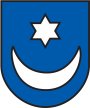 Wappen Stadt Oelde. Weißer Stern und darunter weißer Halbmond auf blauem Grund.
