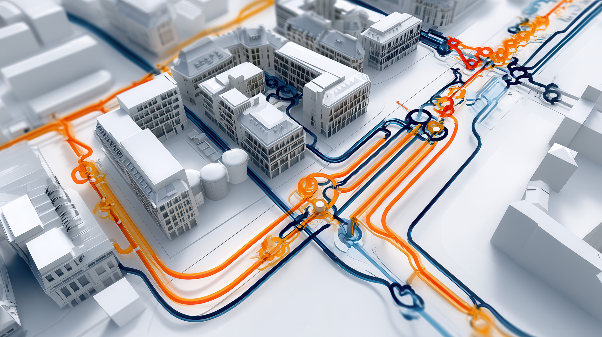 3D Illustration einer Stadt mit der Darstellung verbindender Fernwärmeleitungen