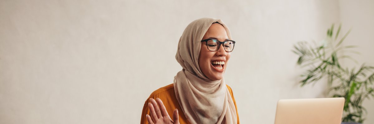 Muslim woman at home having a zoom meeting call