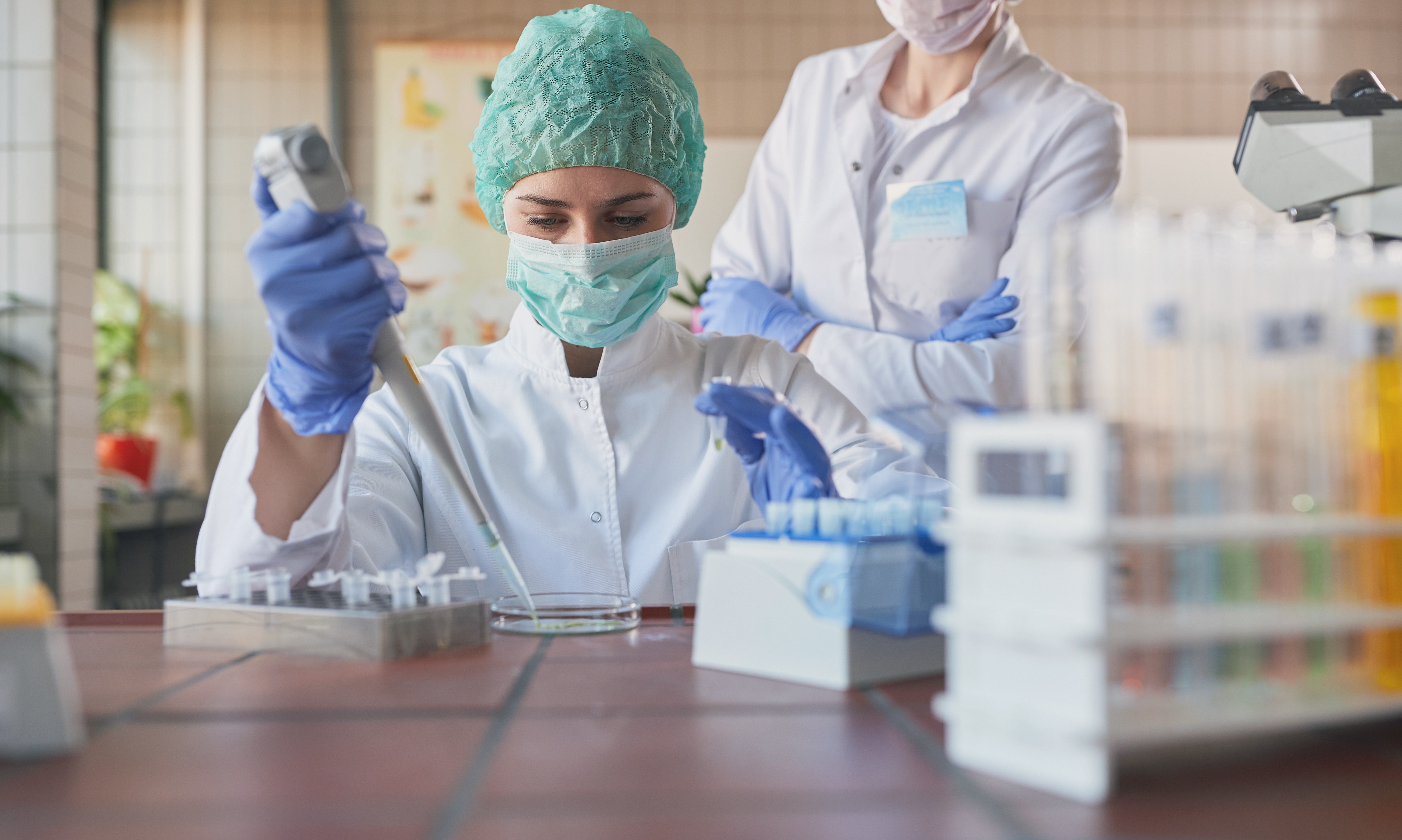 lab analysis of new corona virus, clinic laboratory chemical research of infection. Covid-19 concept.